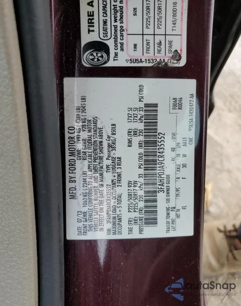 2012 Ford Fusion Sel z USA, uszkodzony, nr VIN 3FAHP0JA9CR435552